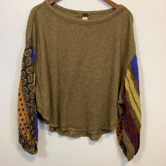 We The Free People Blossom Thermal Patchwork Boho Top S Balloon Sleeve Oversized - Picture 1 of 11